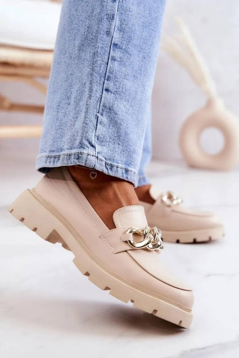 Skórzane Półbuty Loafery Łańcuch Beżowe Amicable