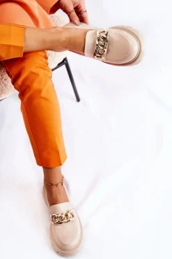 Skórzane Półbuty Loafery Łańcuch Jasnobeżowe Amicable