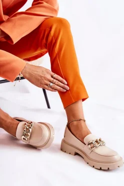 Skórzane Półbuty Loafery Łańcuch Jasnobeżowe Amicable