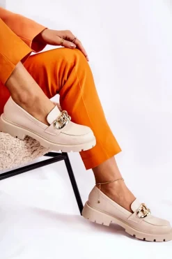 Skórzane Półbuty Loafery Łańcuch Jasnobeżowe Amicable