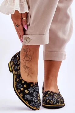Skórzane Półbuty Maciejka Żółte Kwiaty 05035-38 Czarne