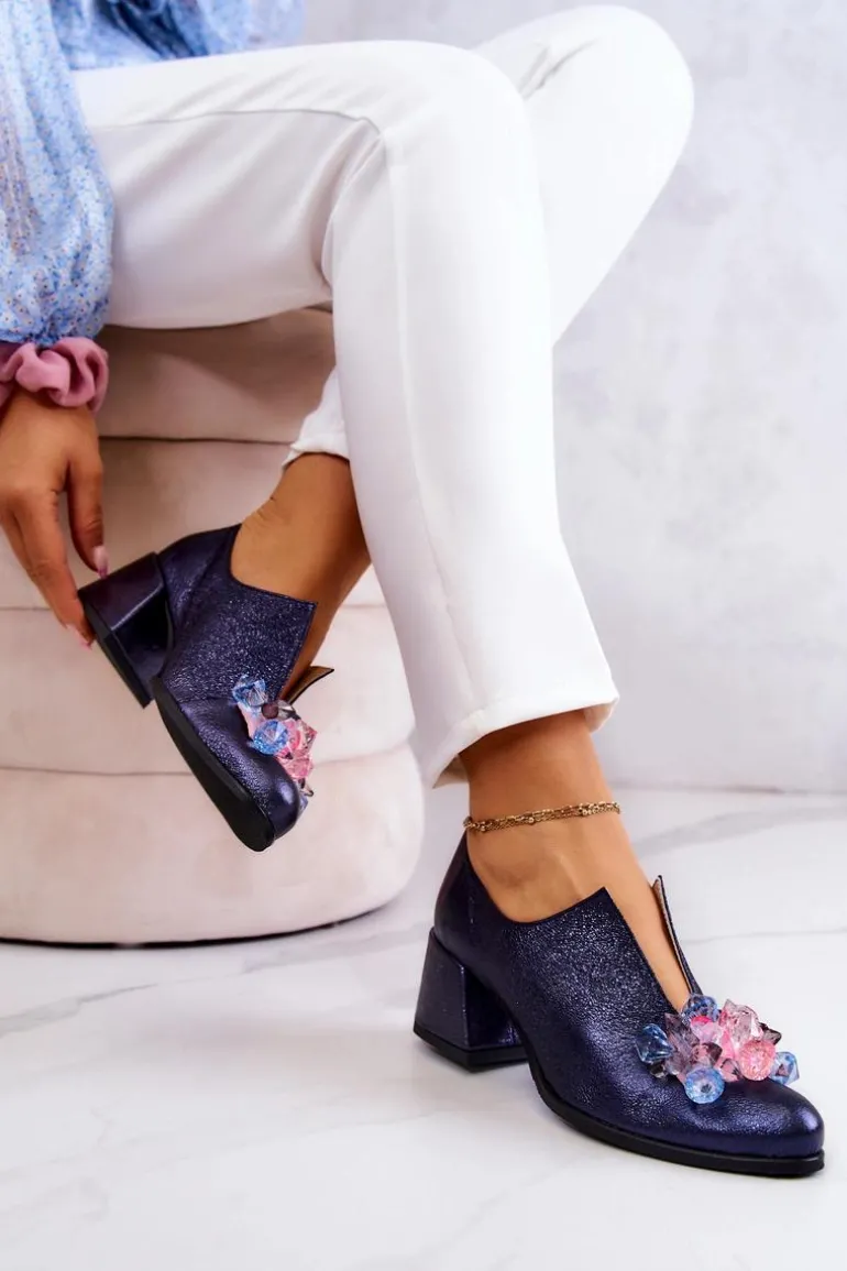 Skórzane Półbuty Metaliczne Z Ozdobą Granatowe Delaver