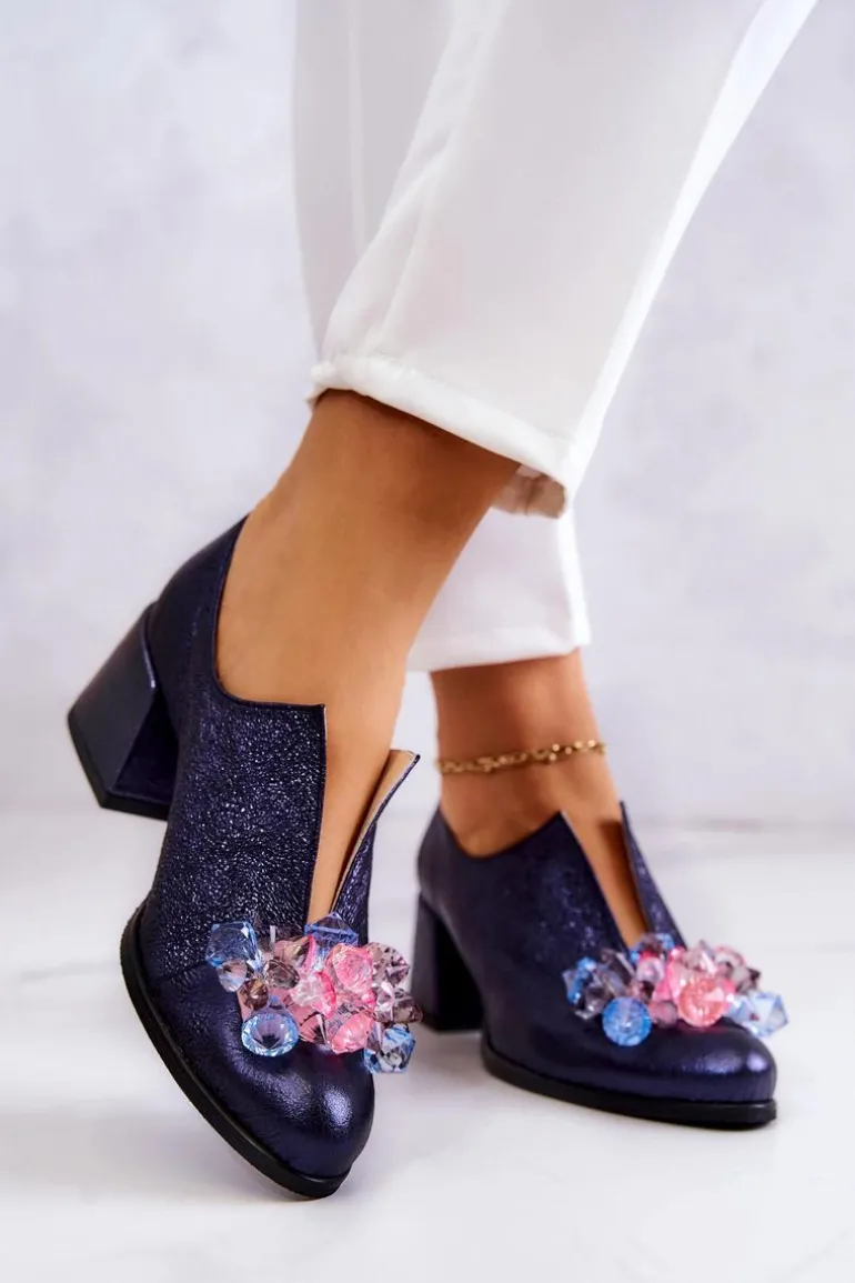 Skórzane Półbuty Metaliczne Z Ozdobą Granatowe Delaver