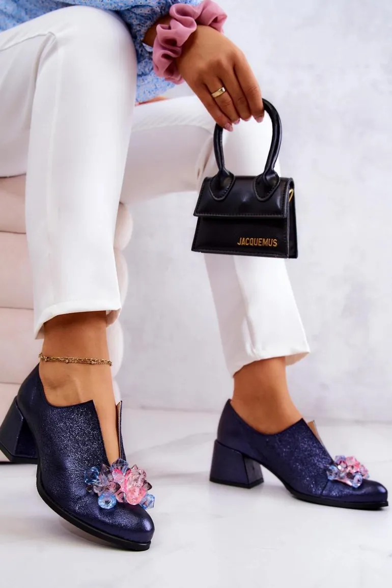 Skórzane Półbuty Metaliczne Z Ozdobą Granatowe Delaver