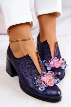 Skórzane Półbuty Metaliczne Z Ozdobą Granatowe Delaver