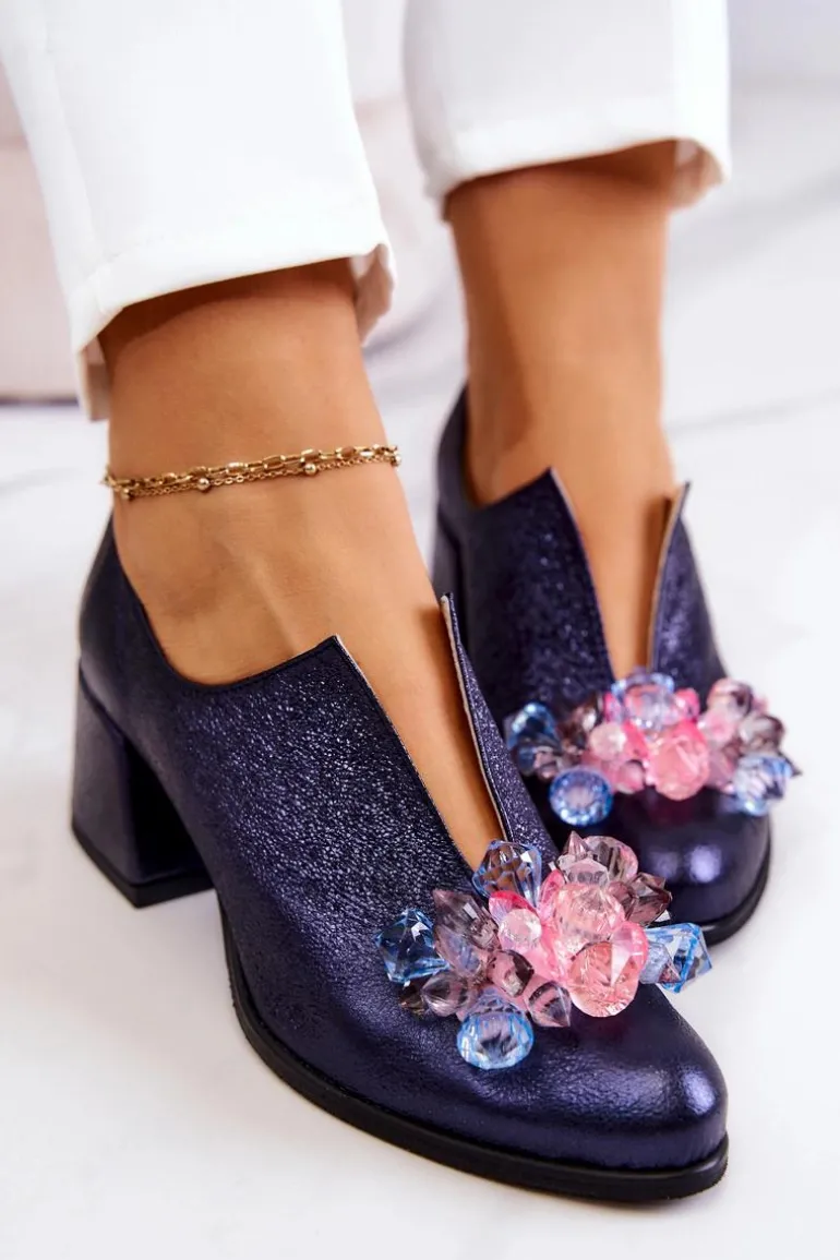 Skórzane Półbuty Metaliczne Z Ozdobą Granatowe Delaver