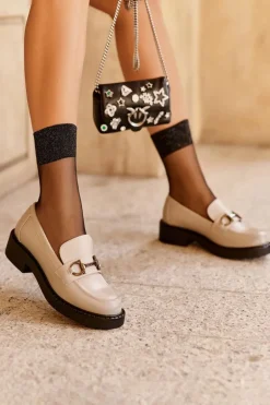 Skórzane Półbuty Mokasyny Damskie Szare Beanika