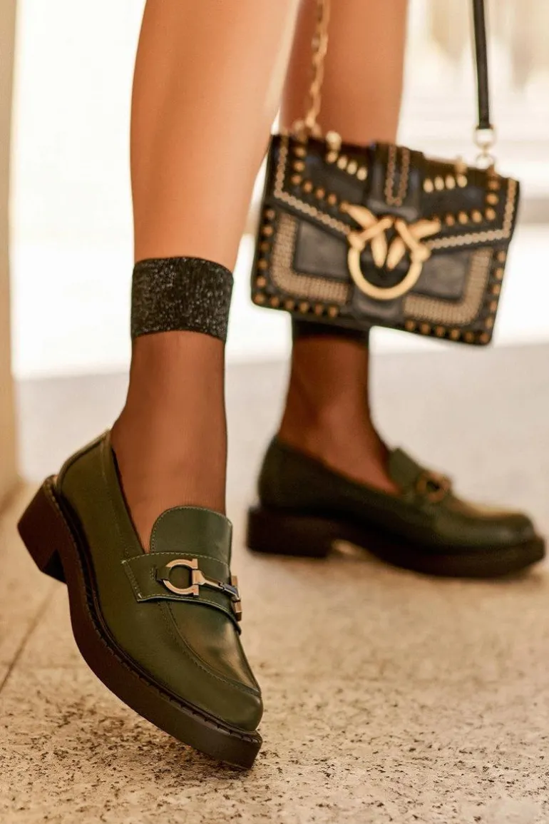 Skórzane Półbuty Mokasyny Damskie Ciemnozielone Beanika