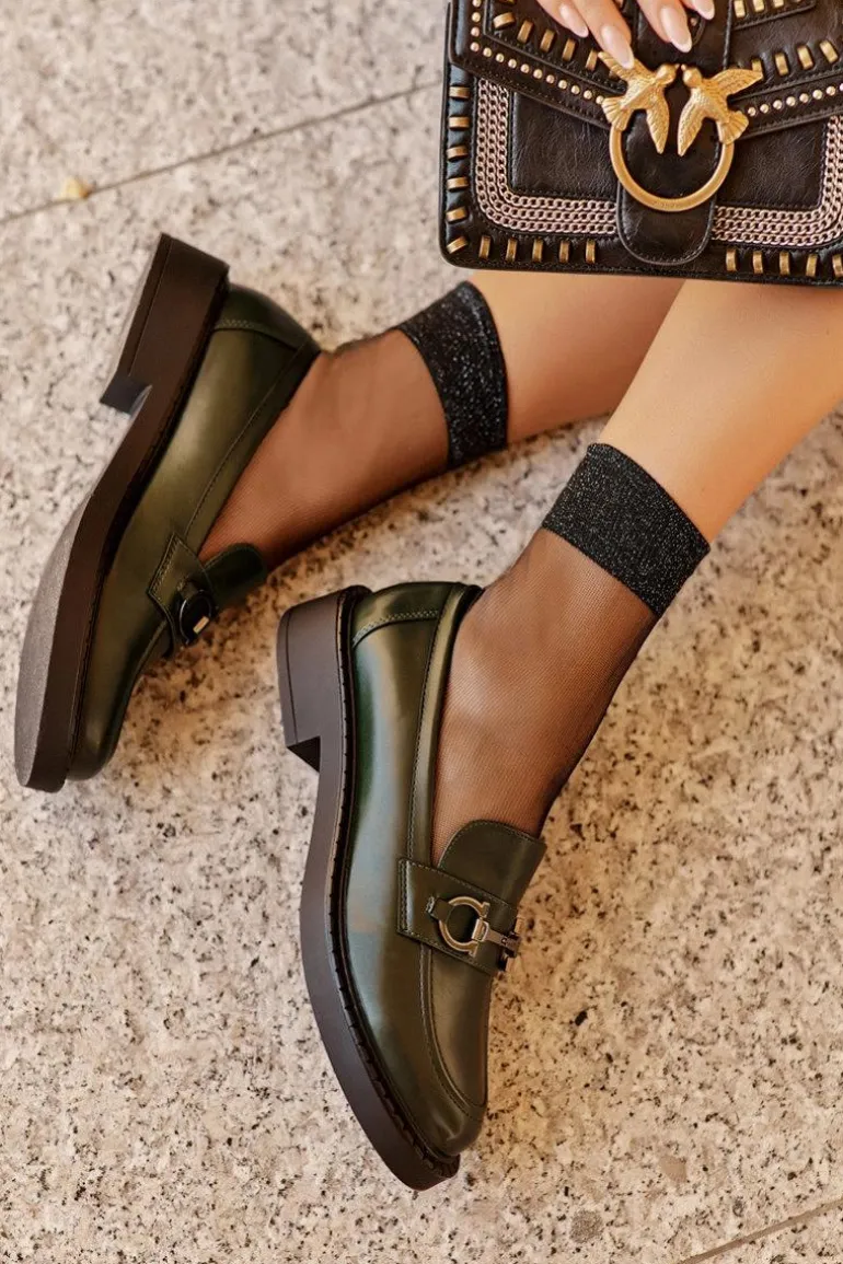 Skórzane Półbuty Mokasyny Damskie Ciemnozielone Beanika