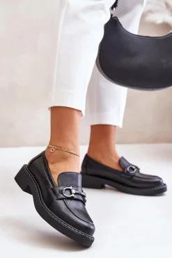 Skórzane Półbuty Mokasyny Damskie Czarne Beanika