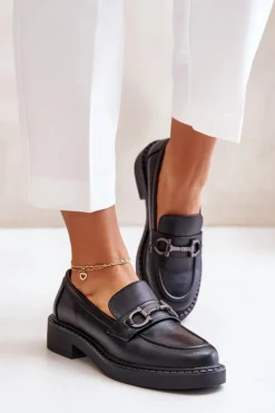 Skórzane Półbuty Mokasyny Damskie Czarne Beanika