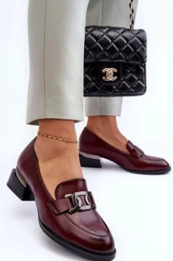 Skórzane Półbuty Mokasyny Na Obcasie Bordowe Sakina