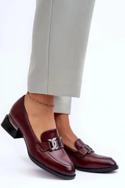 Skórzane Półbuty Mokasyny Na Obcasie Bordowe Sakina
