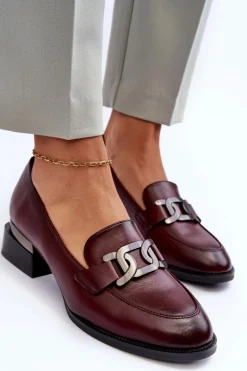 Skórzane Półbuty Mokasyny Na Obcasie Bordowe Sakina