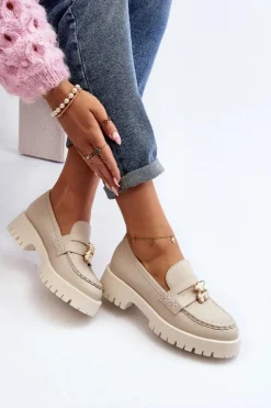 Skórzane Półbuty Mokasyny Z Misiem CheBello 4291 Jasnobeżowe