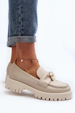 Skórzane Półbuty Mokasyny Z Misiem CheBello 4291 Jasnobeżowe