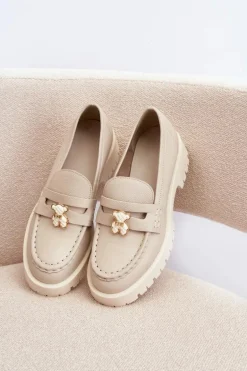 Skórzane Półbuty Mokasyny Z Misiem CheBello 4291 Jasnobeżowe