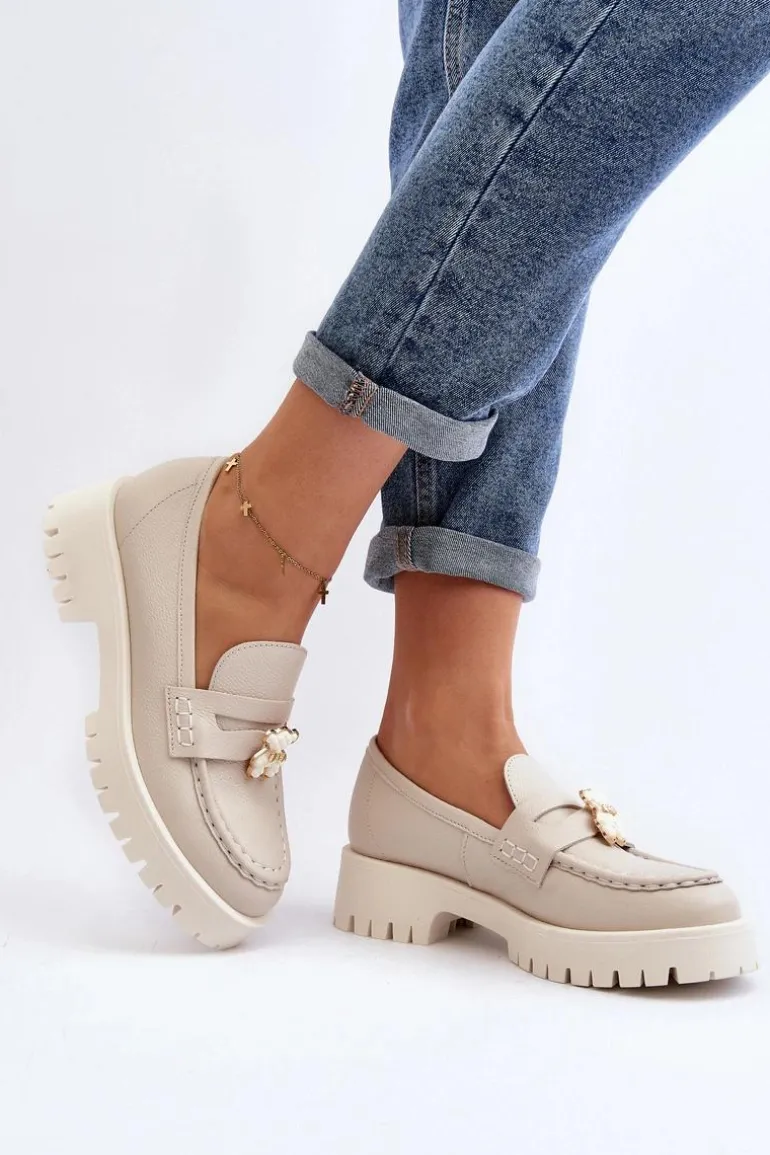 Skórzane Półbuty Mokasyny Z Misiem CheBello 4291 Jasnobeżowe