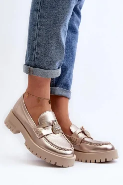 Skórzane Półbuty Mokasyny Z Ozdobą CheBello 4291 Złote