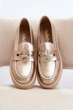 Skórzane Półbuty Mokasyny Z Ozdobą CheBello 4291 Złote