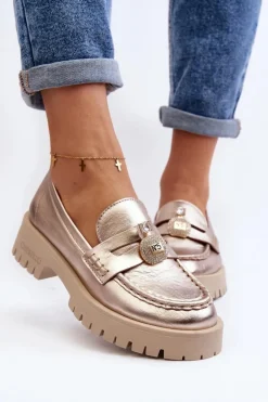 Skórzane Półbuty Mokasyny Z Ozdobą CheBello 4291 Złote