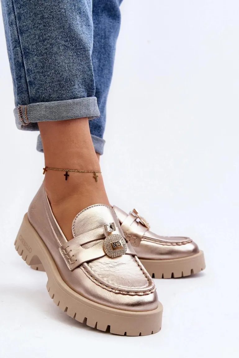 Skórzane Półbuty Mokasyny Z Ozdobą CheBello 4291 Złote