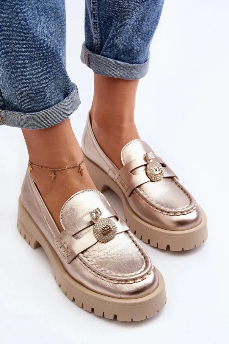 Skórzane Półbuty Mokasyny Z Ozdobą CheBello 4291 Złote
