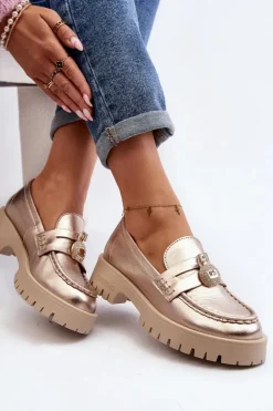 Skórzane Półbuty Mokasyny Z Ozdobą CheBello 4291 Złote