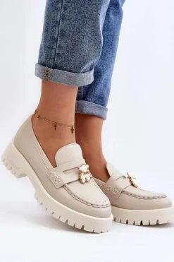 Skórzane Półbuty Mokasyny Z Misiem CheBello 4291 Jasnobeżowe