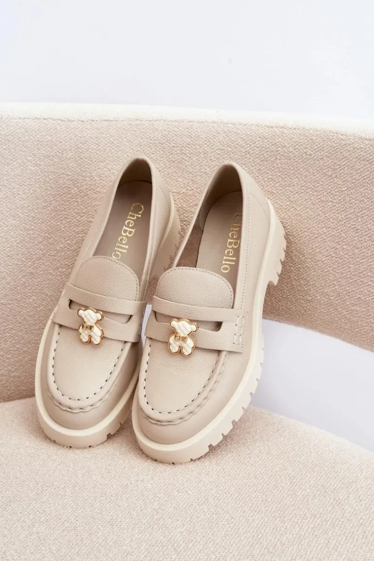 Skórzane Półbuty Mokasyny Z Misiem CheBello 4291 Jasnobeżowe