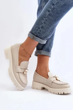 Skórzane Półbuty Mokasyny Z Misiem CheBello 4291 Jasnobeżowe