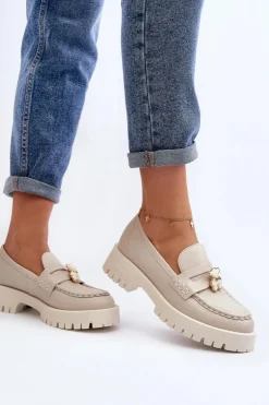 Skórzane Półbuty Mokasyny Z Misiem CheBello 4291 Jasnobeżowe