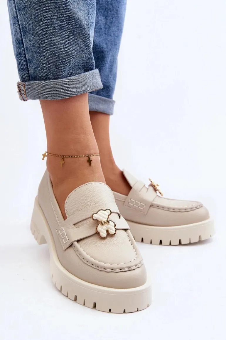 Skórzane Półbuty Mokasyny Z Misiem CheBello 4291 Jasnobeżowe