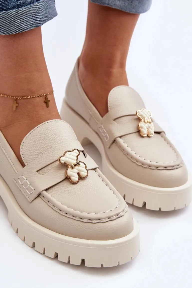 Skórzane Półbuty Mokasyny Z Misiem CheBello 4291 Jasnobeżowe