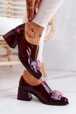 Skórzane Półbuty Mozaika Z Ozdobą Bordowe Delaver