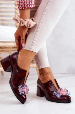 Skórzane Półbuty Mozaika Z Ozdobą Bordowe Delaver