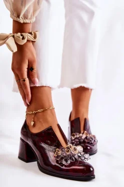 Skórzane Półbuty Mozaika Z Transparentną Ozdobą Bordowe Delaver