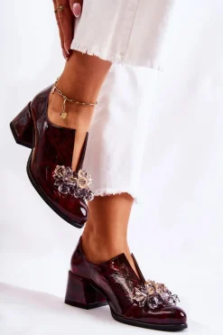 Skórzane Półbuty Mozaika Z Transparentną Ozdobą Bordowe Delaver