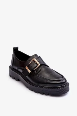 Skórzane Półbuty Na Płaskim Obcasie Z Klamrą Czarne Meara