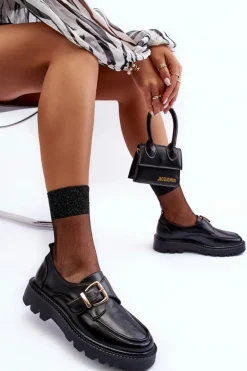 Skórzane Półbuty Na Płaskim Obcasie Z Klamrą Czarne Meara