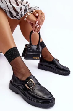 Skórzane Półbuty Na Płaskim Obcasie Z Klamrą Czarne Meara