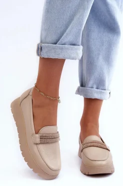 Skórzane Półbuty Na Platformie Z Ozdobą Jasnobeżowe Lemar Lehira