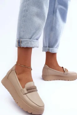 Skórzane Półbuty Na Platformie Z Ozdobą Jasnobeżowe Lemar Lehira