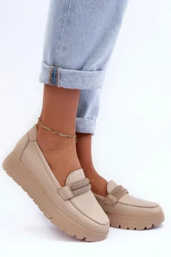 Skórzane Półbuty Na Platformie Z Ozdobą Jasnobeżowe Lemar Lehira