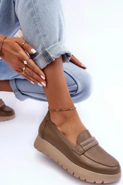 Skórzane Półbuty Na Platformie Z Ozdobą Beżowe Lemar Lehira