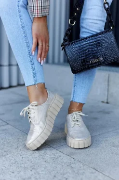 Skórzane Półbuty Na Platformie Beżowo-Złote Hypnosis