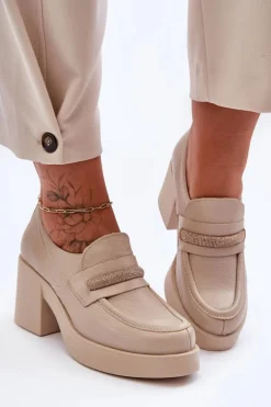 Skórzane Półbuty Na Słupku Z Ozdobą Beżowe Lemar Gelanor