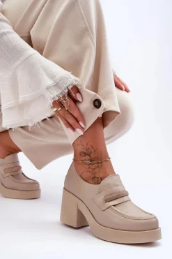 Skórzane Półbuty Na Słupku Z Ozdobą Beżowe Lemar Gelanor