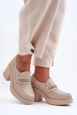 Skórzane Półbuty Na Słupku Z Ozdobą Beżowe Lemar Gelanor