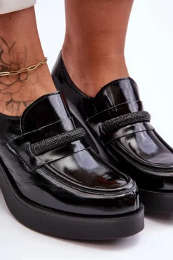 Skórzane Półbuty Na Słupku Z Ozdobą Czarne Lemar Gelanor